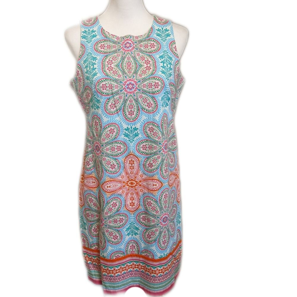 London Times multicolor patterned sleeveless sheath dress, 97% cotton 10